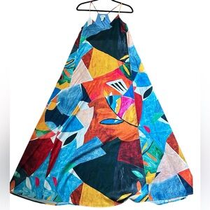A128 Nicole Miller wearable art silk like Maxi dress pockets built in bra sz S